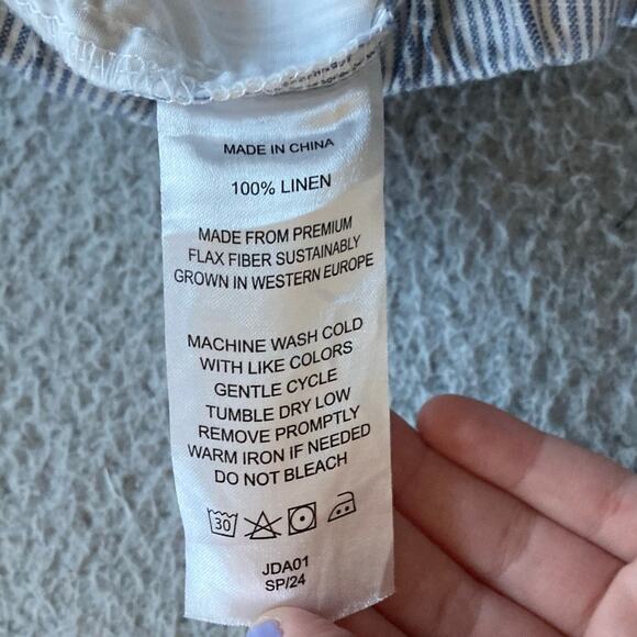 Quince Pants Large Linen Striped Cropped Pull On Stretch Straight Blue Beach - Picture 8 of 14